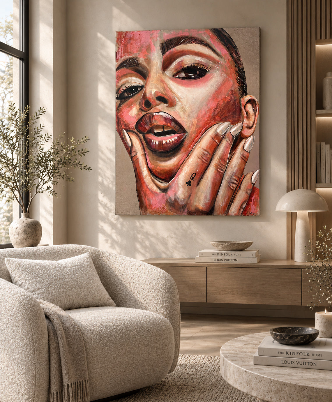 Mező Mariann Wildcard című, 120x100 cm-es expresszív női portré festménye egy modern, minimalista stílusú nappali falán elhelyezve, egy elegáns texturált fotel, fa komód és dizájner lámpa társaságában.