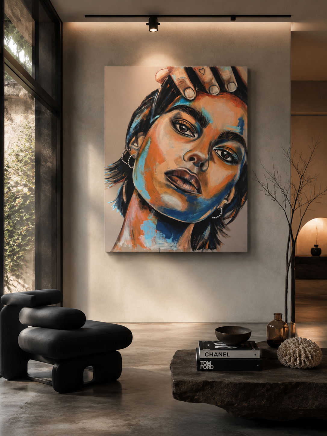 Mező Mariann: Charisma – 150x120 cm-es nagyméretű, modern expresszionista kék-narancs festmény egy luxus kivitelezésű, minimalista nappali falán, elegáns enteriőr mockup vizualizációban.