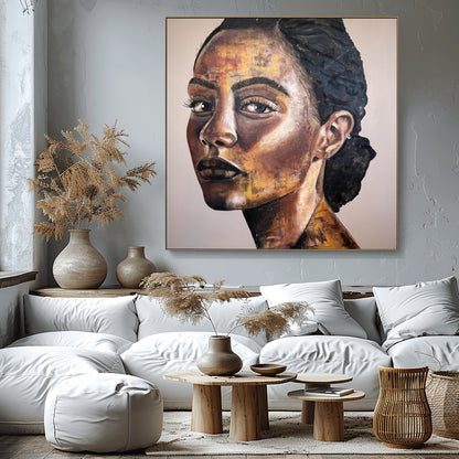 Mező Mariann: Gold beneath the dust – 120x120 cm-es nagyméretű, modern festmény egy elegáns, világos nappali kanapéja felett, enteriőr mockup vizualizációban.
