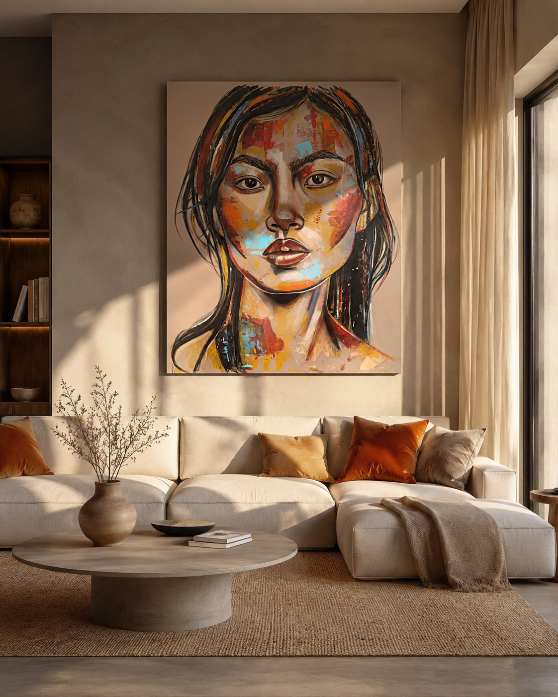 Mező Mariann: Kintsugi – 150x120 cm-es nagyméretű modern festmény egy elegáns, napfényes nappali kanapéja felett, meleg tónusú enteriőr mockup vizualizációban.