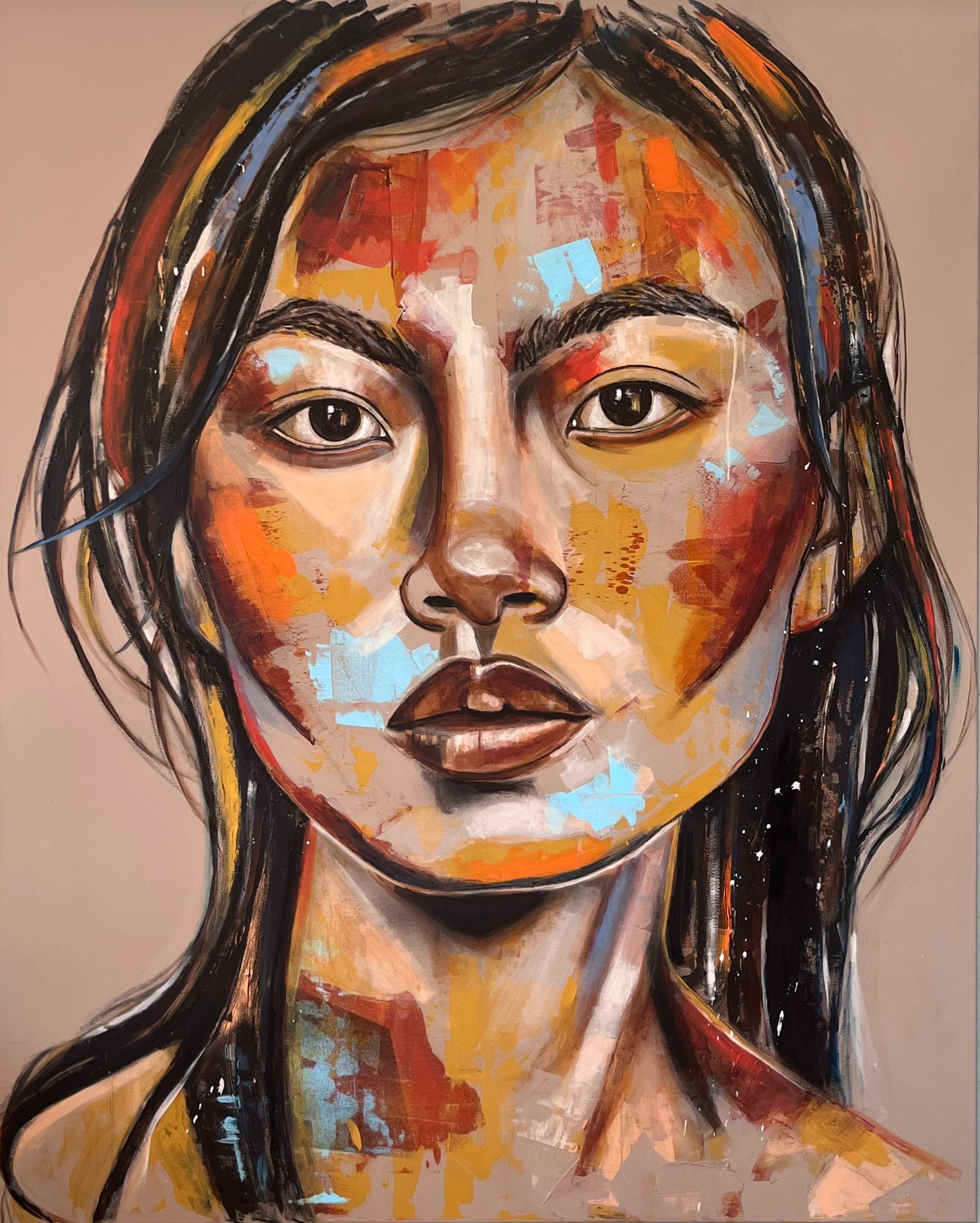 Mező Mariann: Kintsugi (2026) – 150x120 cm-es eredeti kortárs akril és olaj festmény, nagyon érzelmes női portré a tökéletlenség szépségéről.