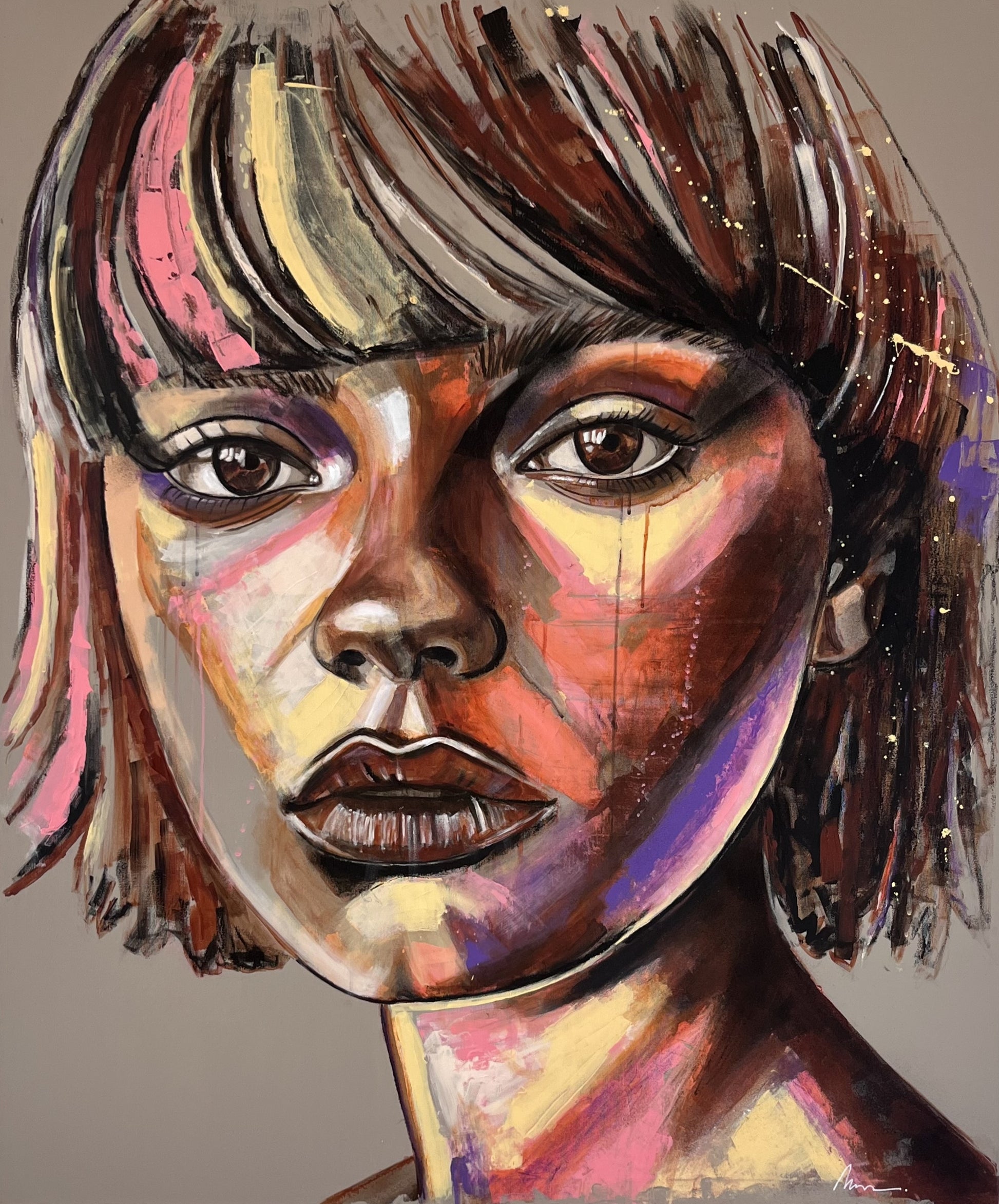 Mező Mariann: Lovefool (2026) – 120x100 cm-es eredeti kortárs akril, olaj és graffiti vegyes technika festmény, érzelmes női portré.