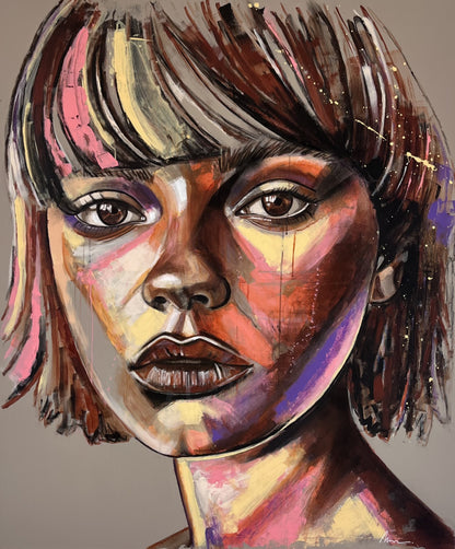 Mező Mariann: Lovefool (2026) – 120x100 cm-es eredeti kortárs akril, olaj és graffiti vegyes technika festmény, érzelmes női portré.