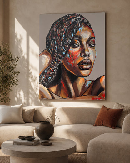 Mező Mariann: Made By Fire Kept By light – 150x120 cm-es nagyméretű modern festmény egy elegáns, világos nappali kanapéja felett, modern enteriőr mockup vizualizációban.