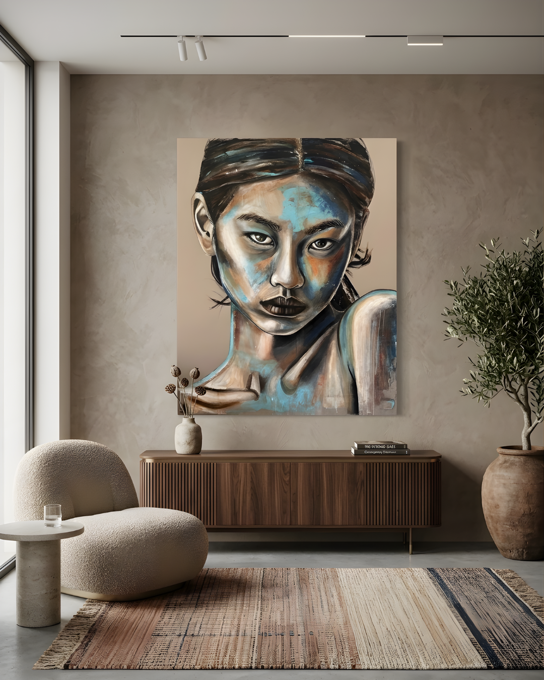 Mező Mariann: Silent Gaze – 150x120 cm-es textúrált festmény egy modern barna komód felett, letisztult, természetes anyagokkal és olajfával berendezett nappali enteriőrben.