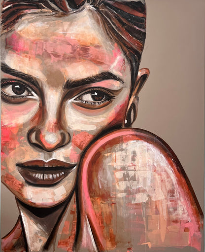 Mező Mariann: The Girl I left Behind (2026) – 150x120 cm-es eredeti kortárs akril és olaj festmény, spirituális és érzelmes nagyméretű női portré.