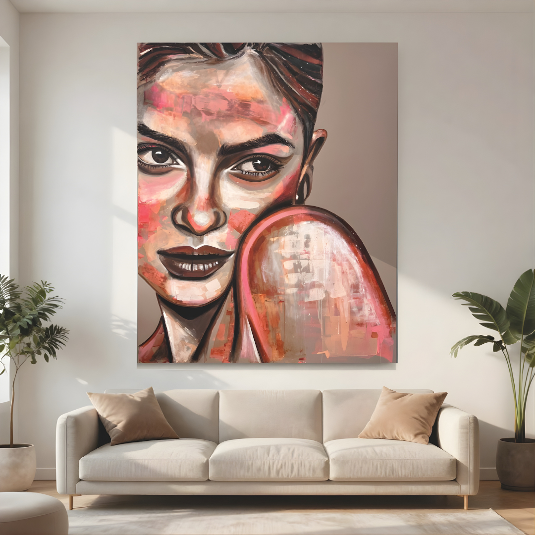 Mező Mariann: The Girl I left Behind – 150x120 cm-es modern, textúrált festmény egy világos, minimalista nappali kanapéja felett, elegáns enteriőr mockup vizualizációban.