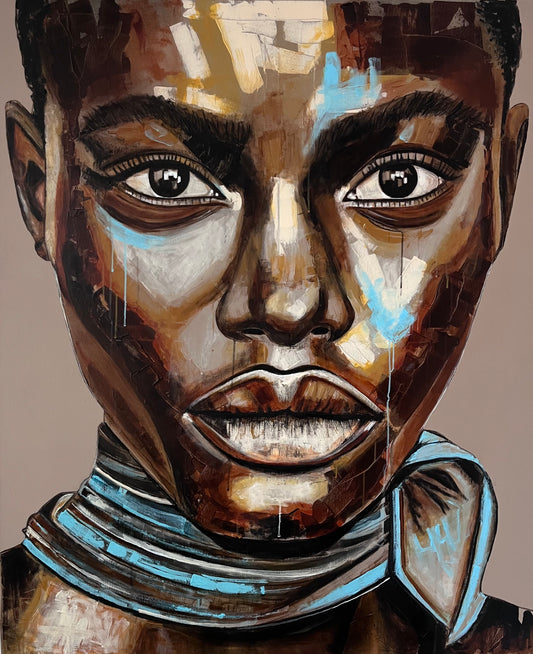 Mező Mariann: Unshaken – 120x100 cm-es eredeti kortárs akril és olaj festmény, textúrált nagyméretű női portré türkiz és barna tónusokkal.