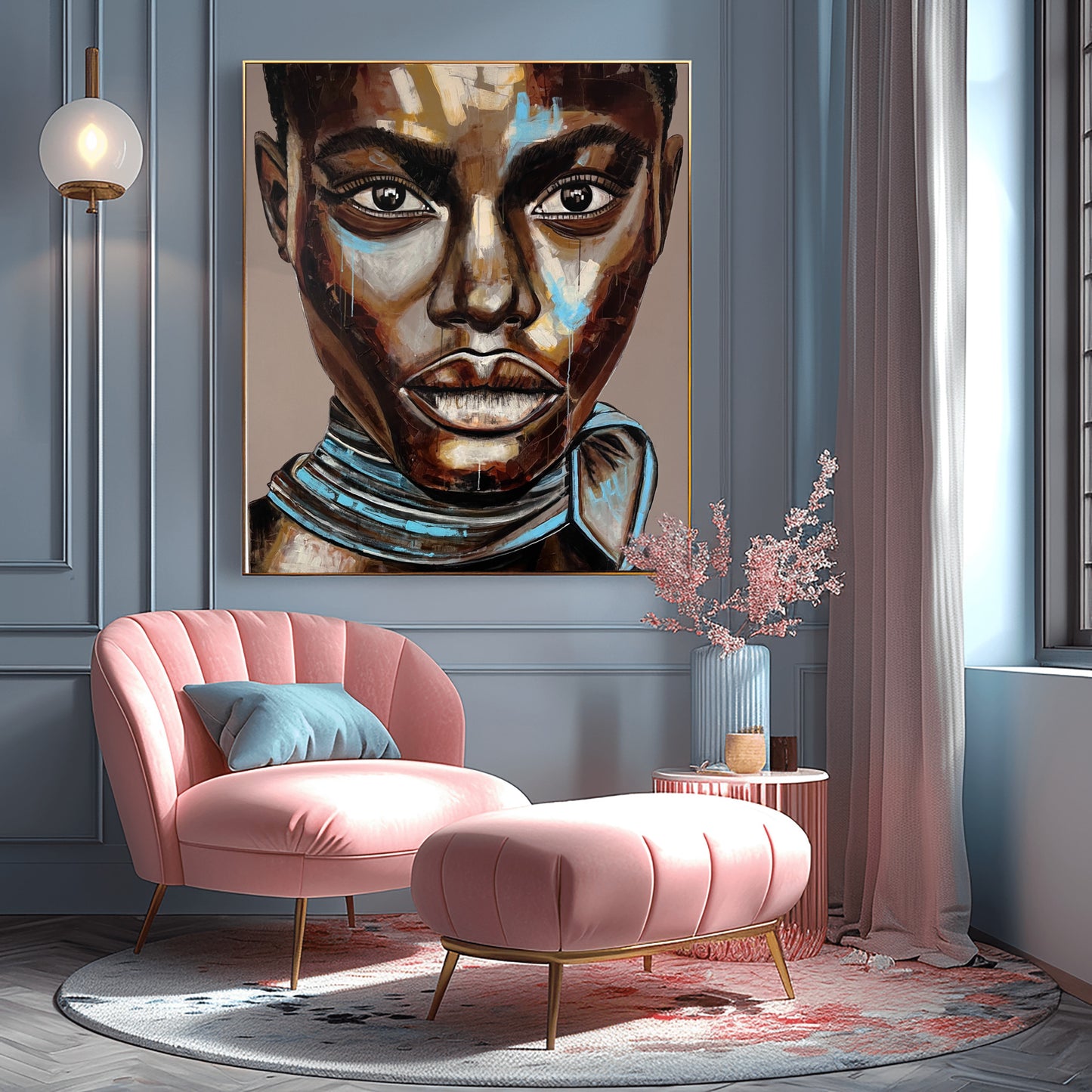 Mező Mariann: Unshaken – Nagyméretű, expresszionista női portré elegáns púderrózsaszín fotel felett, modern enteriőr mockup vizualizációban.