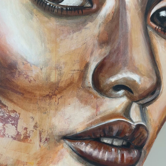 Videós bemutató Mező Mariann Last Goodbye című 120x100 cm-es festményéről a falon, bemutatva a térbeli elhelyezkedést közelítéssel és távolodással.
